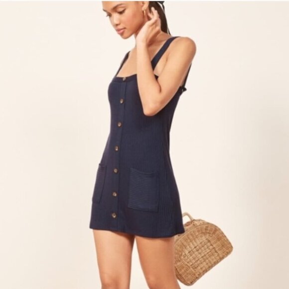 Reformation Navy Button-Front Mini Dress | Size S - Picture 1 of 2